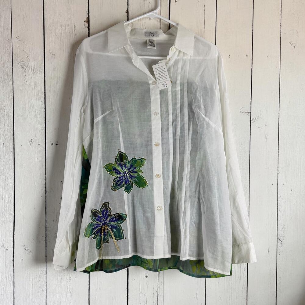 iOS White Sheer Button Down Blouse M Floral Embroidered Boho Minimalist